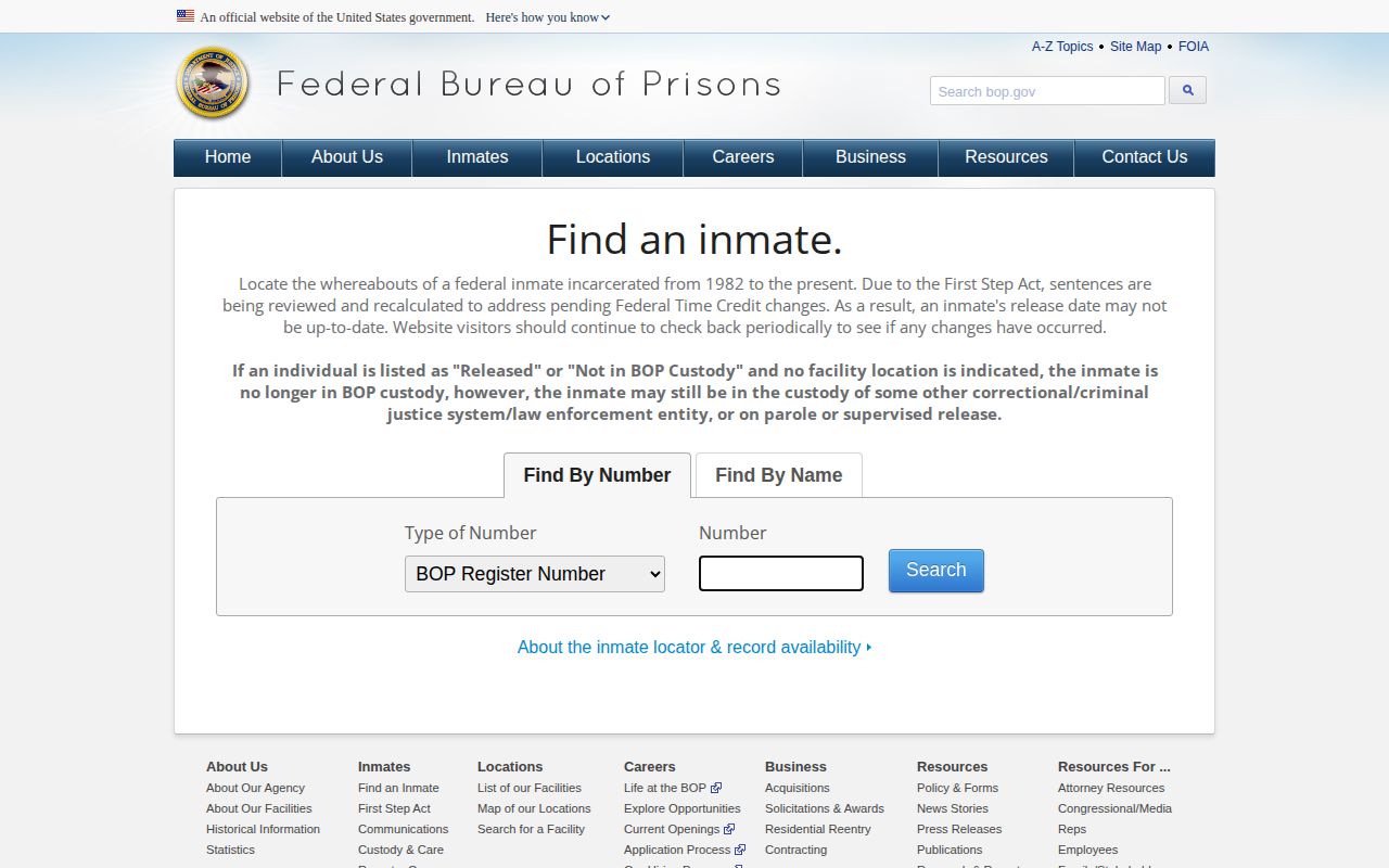 Federal Bureau of Prisons release locator for a Smith County federal record